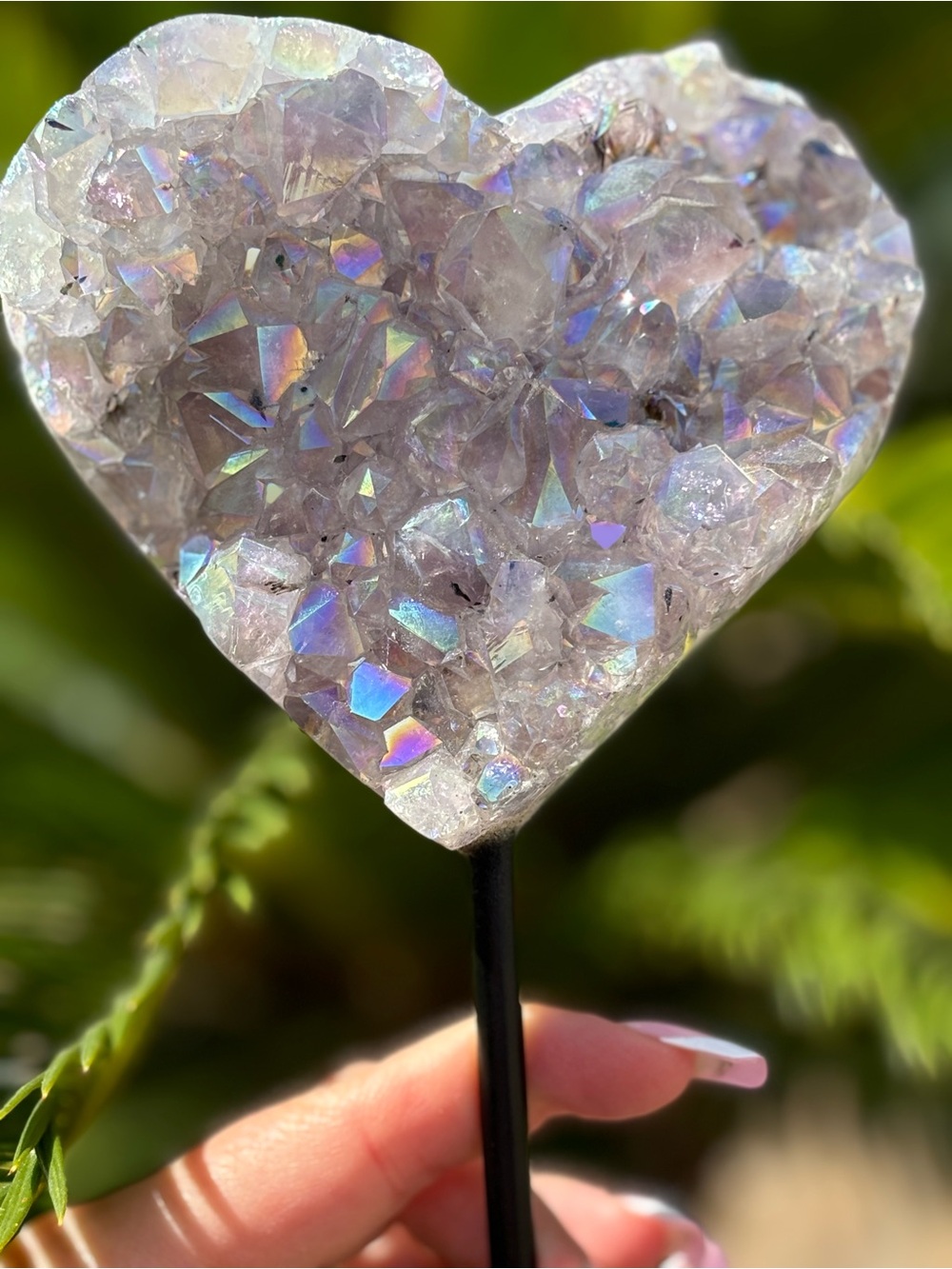 Crystal Heart in Iridescent Lavender aura coating on stand - Brazil